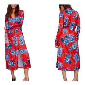 Zara Long Sleeve Shirt Dress Size L Boho Button Down Belted Red Blue Floral Midi